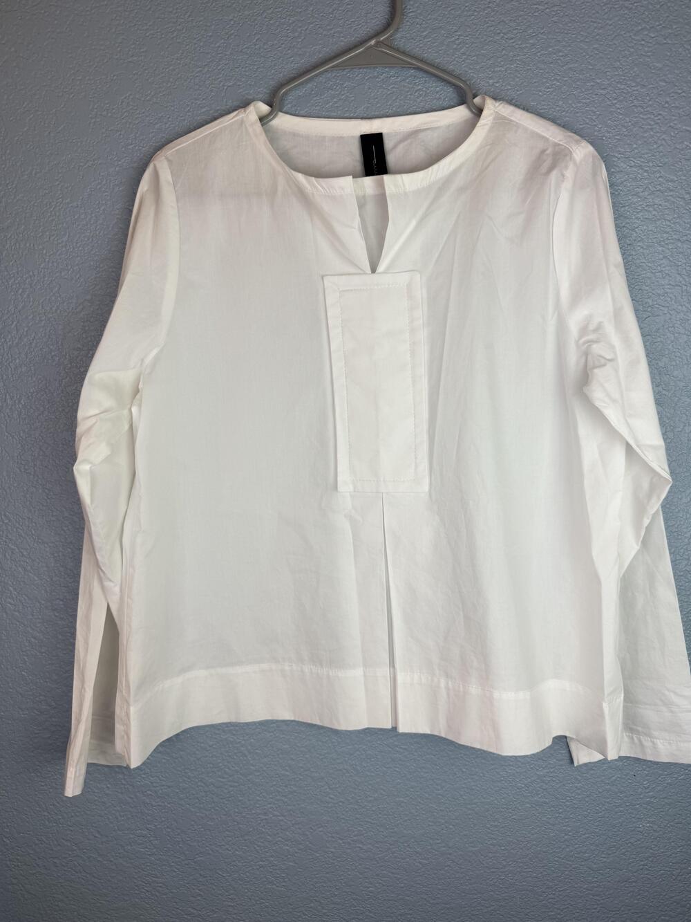 AMMA Blouse Womens 2 White Cotton Round Neck Long Sleeve Tunic Top Minimalist